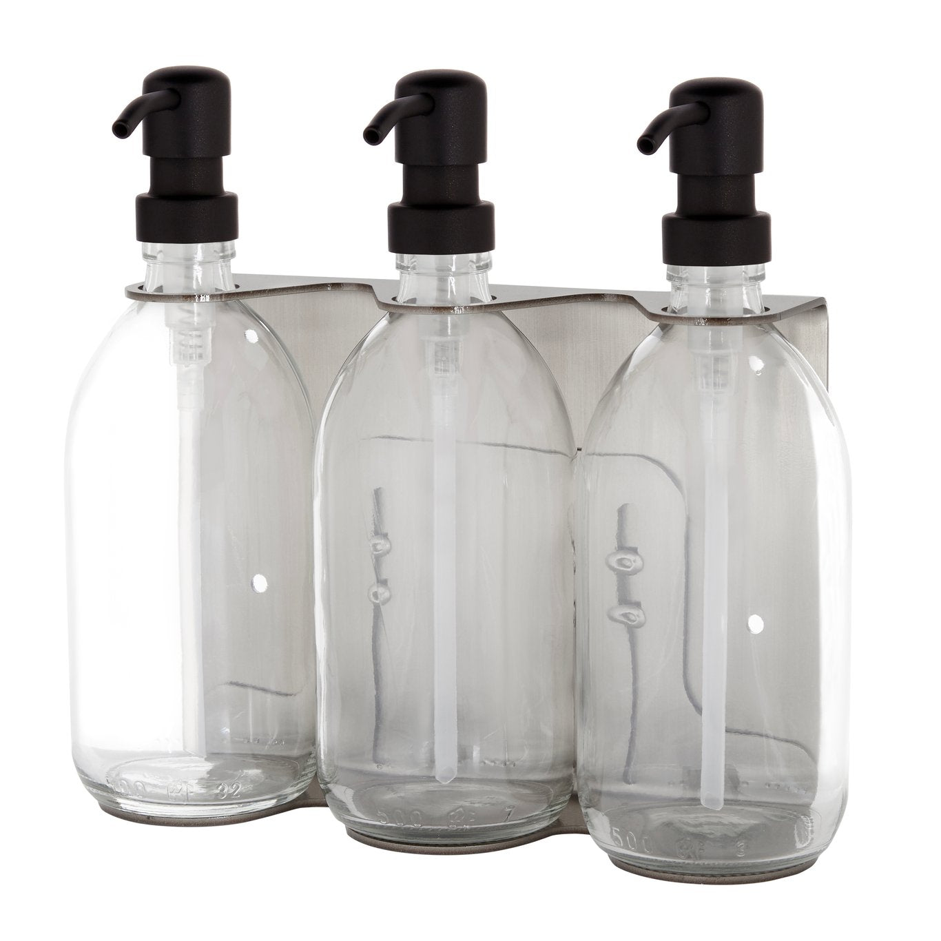 Three clear bottles with black pumps on a white background