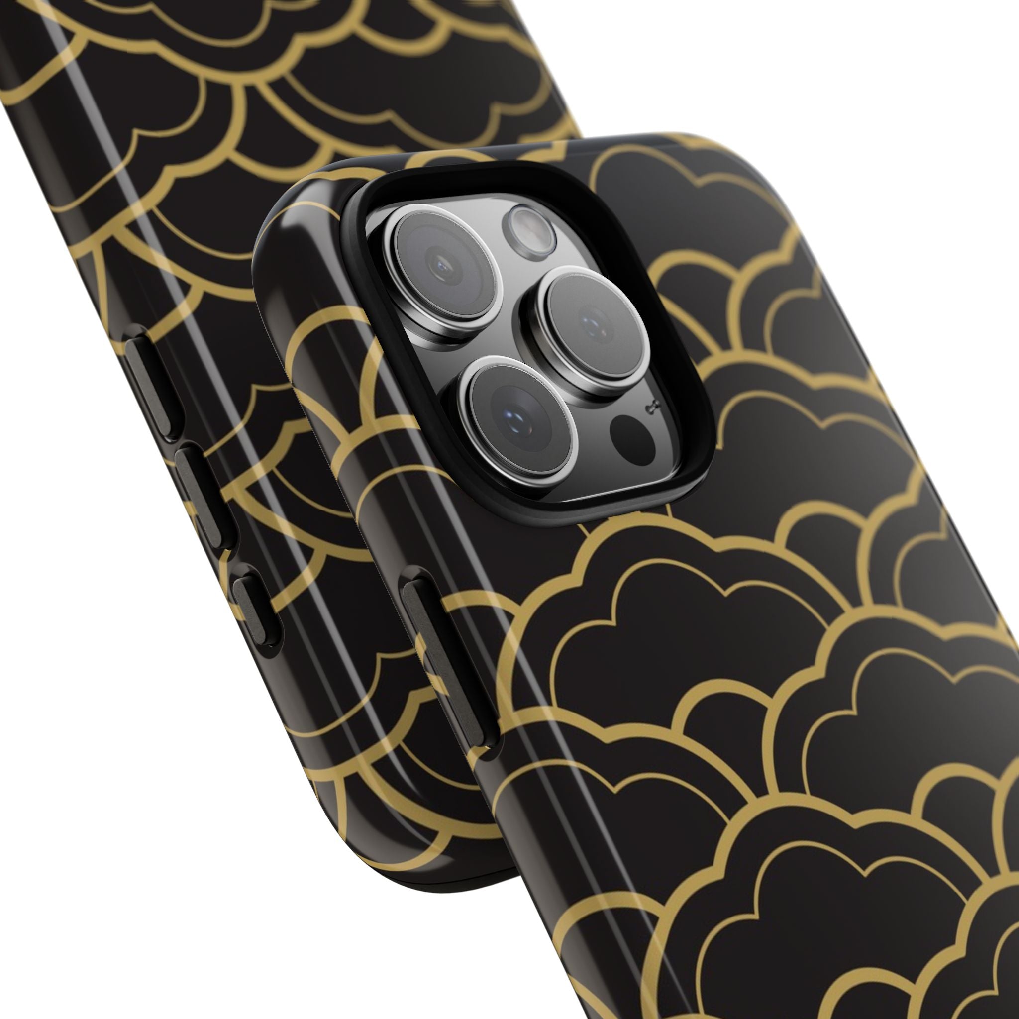Phone case with gold geometric pattern on black background