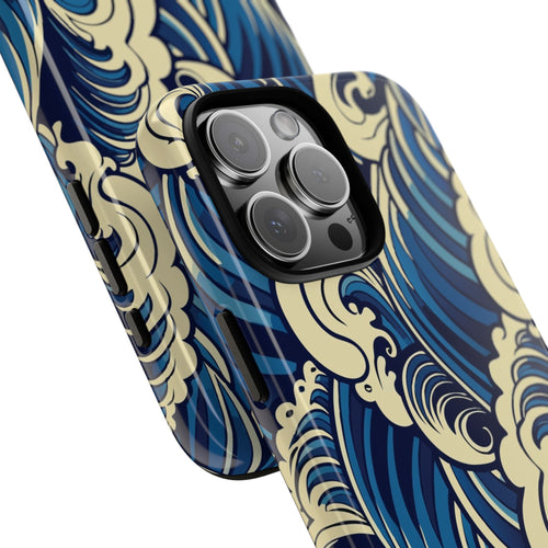 Phone case with blue and beige wave pattern on a white background