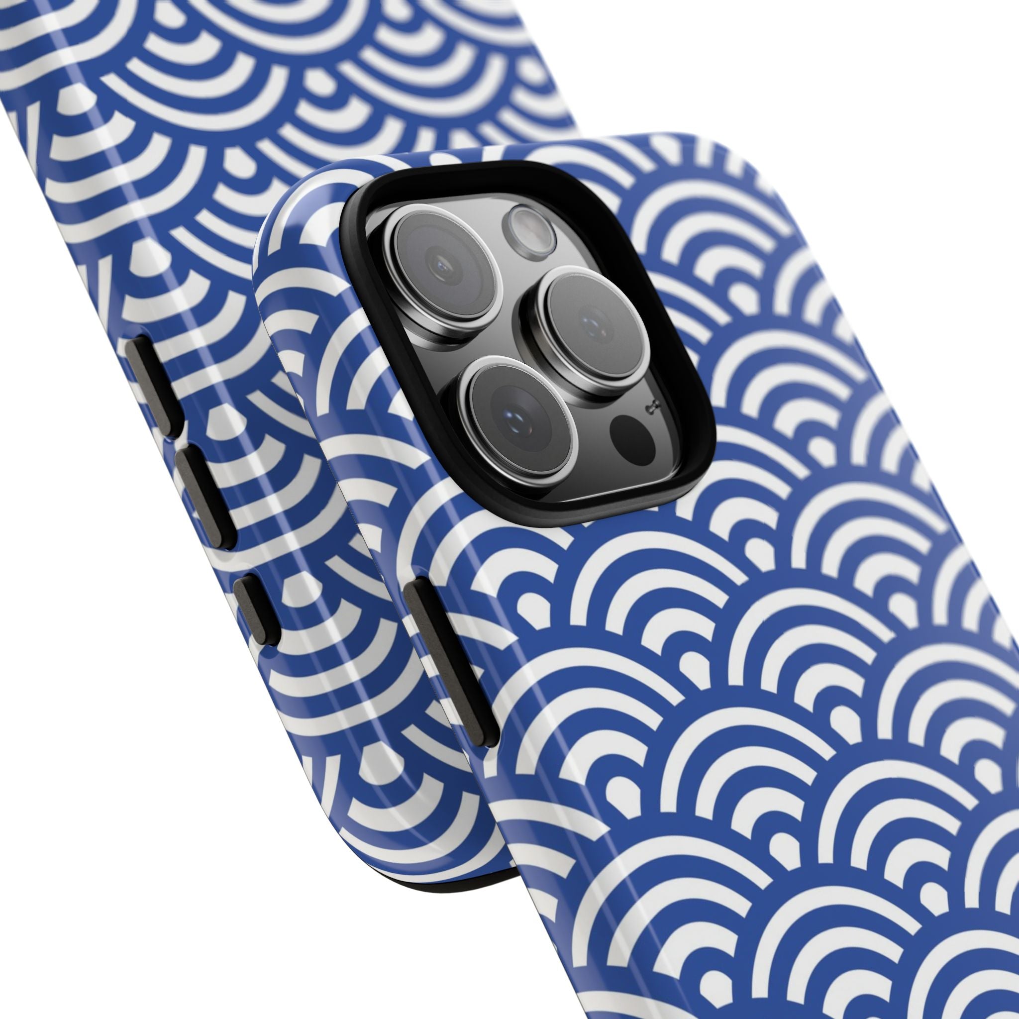 Phone case with blue and white wave pattern on a white background and close up