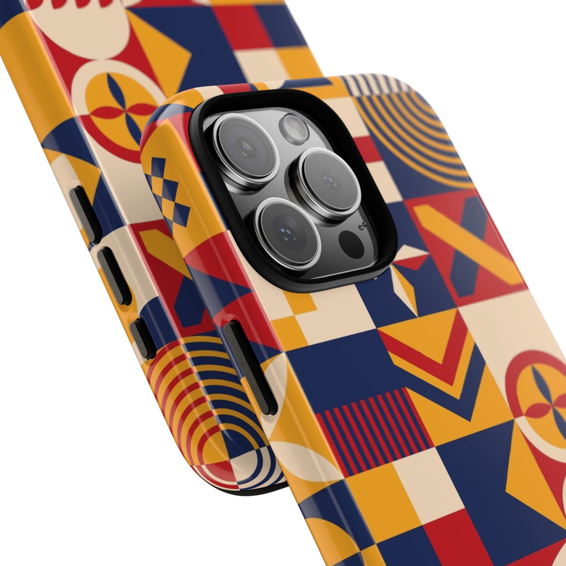 Colorful geometric patterned phone case on a white background