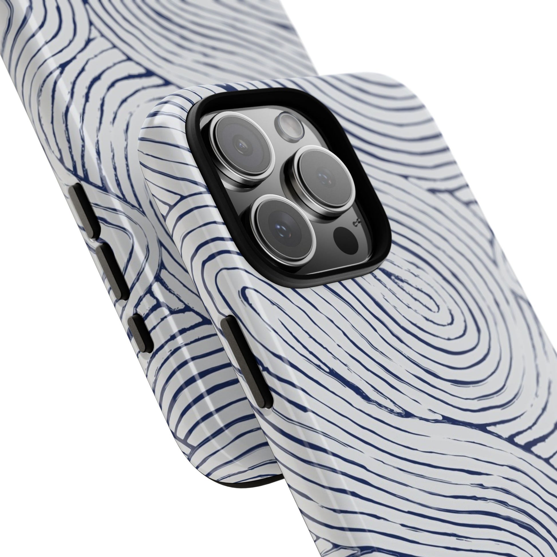 Phone case with blue wave pattern on a white background close up
