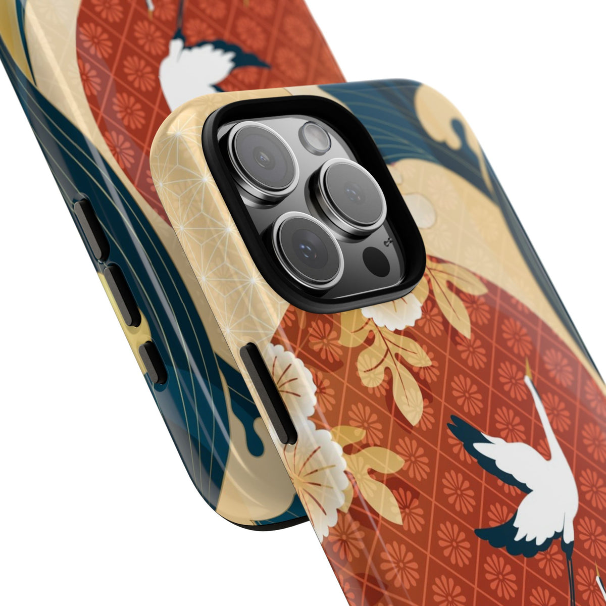Phone case with floral and bird design on a white background, crane and wave design close up
