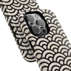 Phone case with black and white geometric pattern on a white background