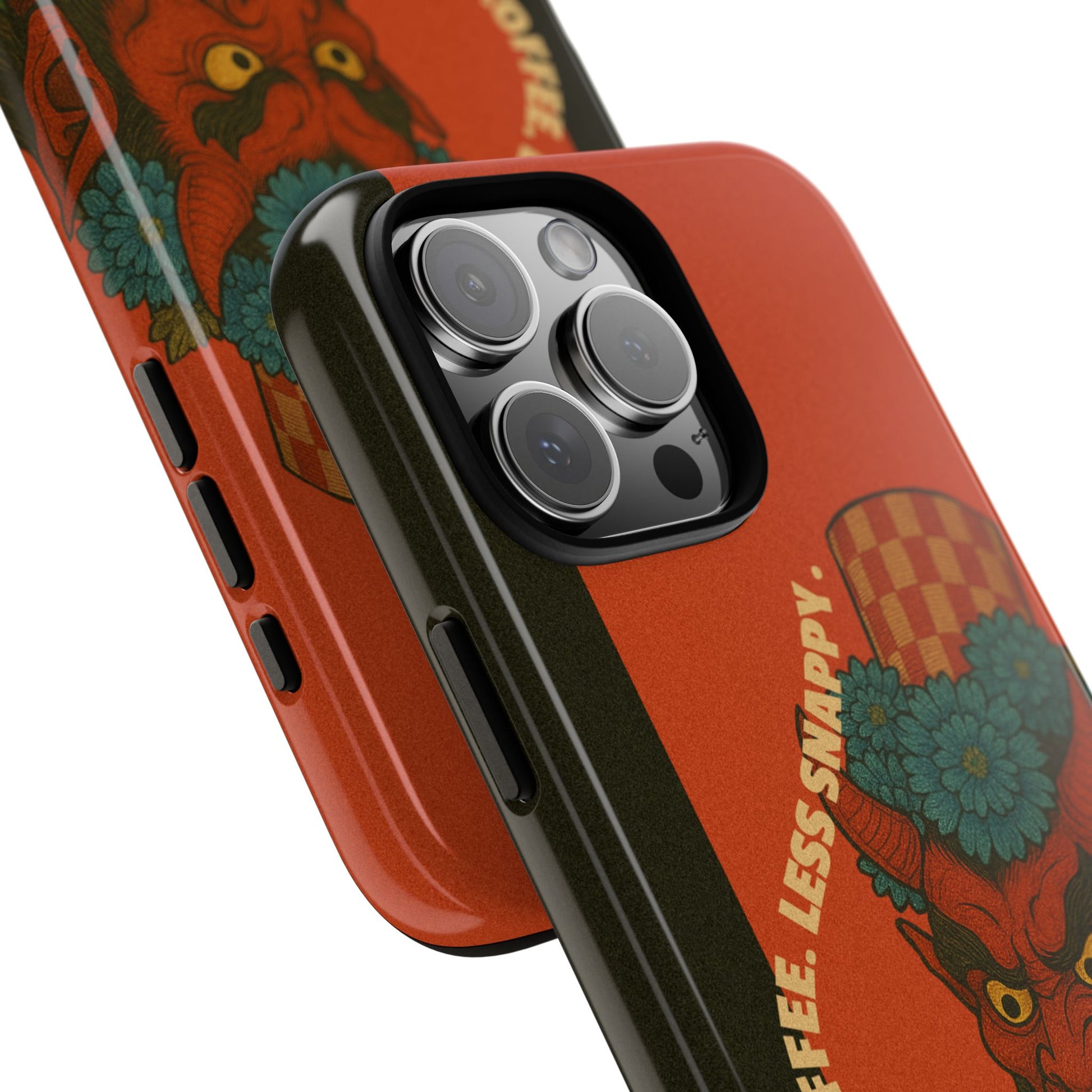 Phone case with a colorful design and text on a white background