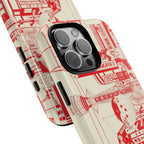 Phone case with red and black design on a white background and close up