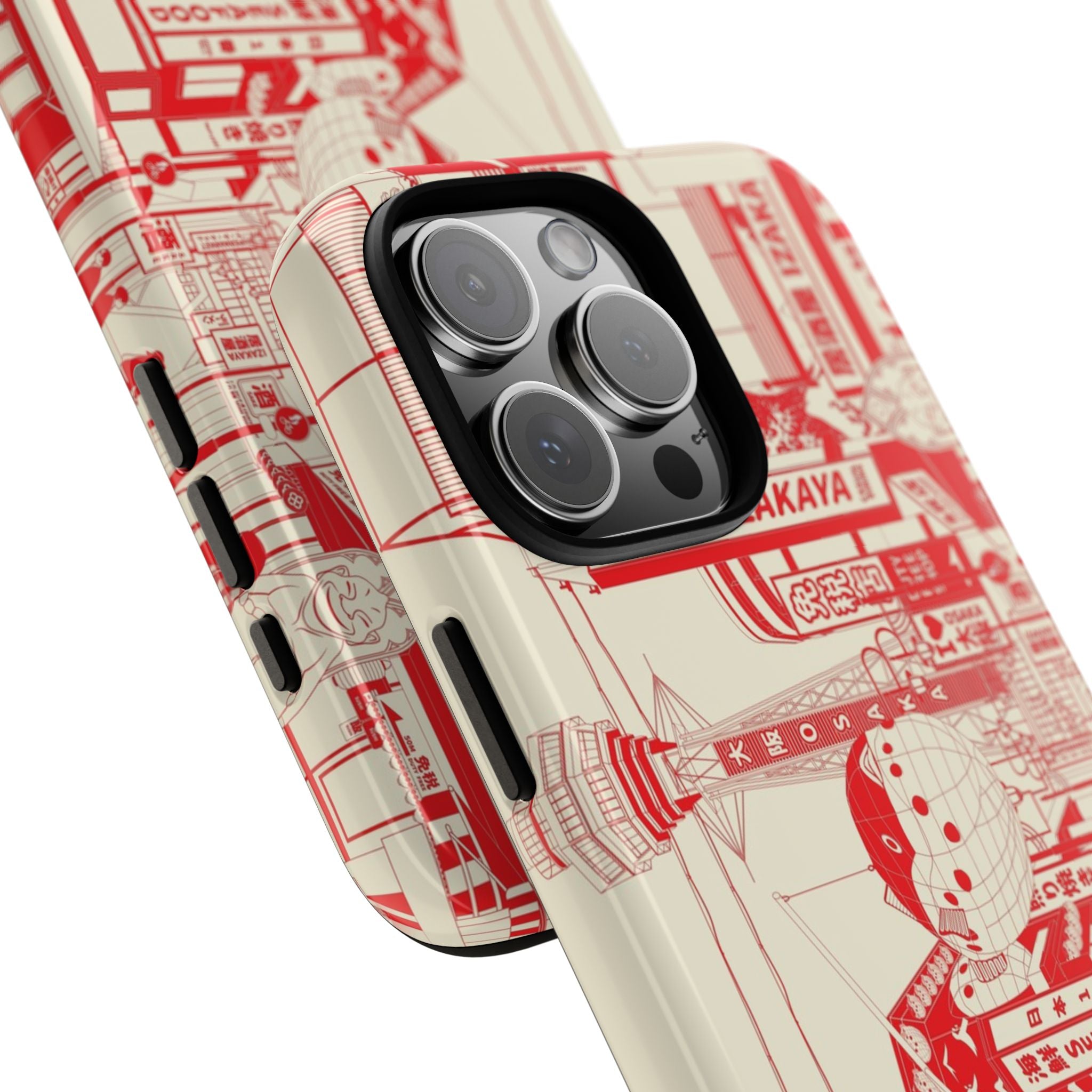 Phone case with red and black design on a white background and close up