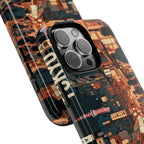 Phone case with a detailed cityscape design on a white background