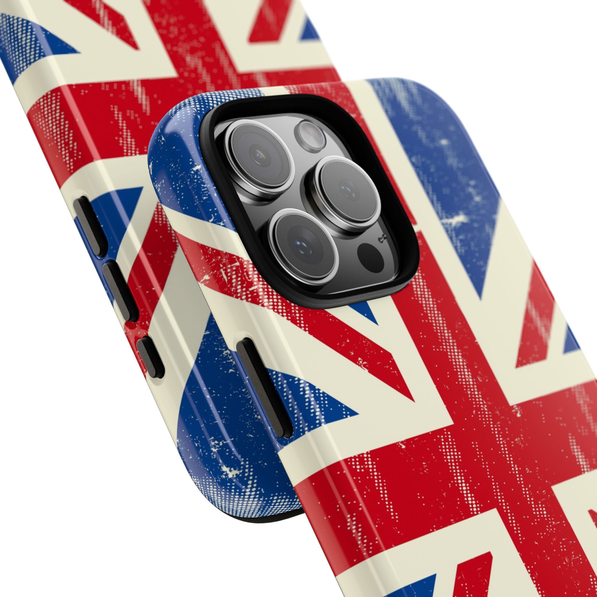 Phone case with Union Jack design on a white background close up