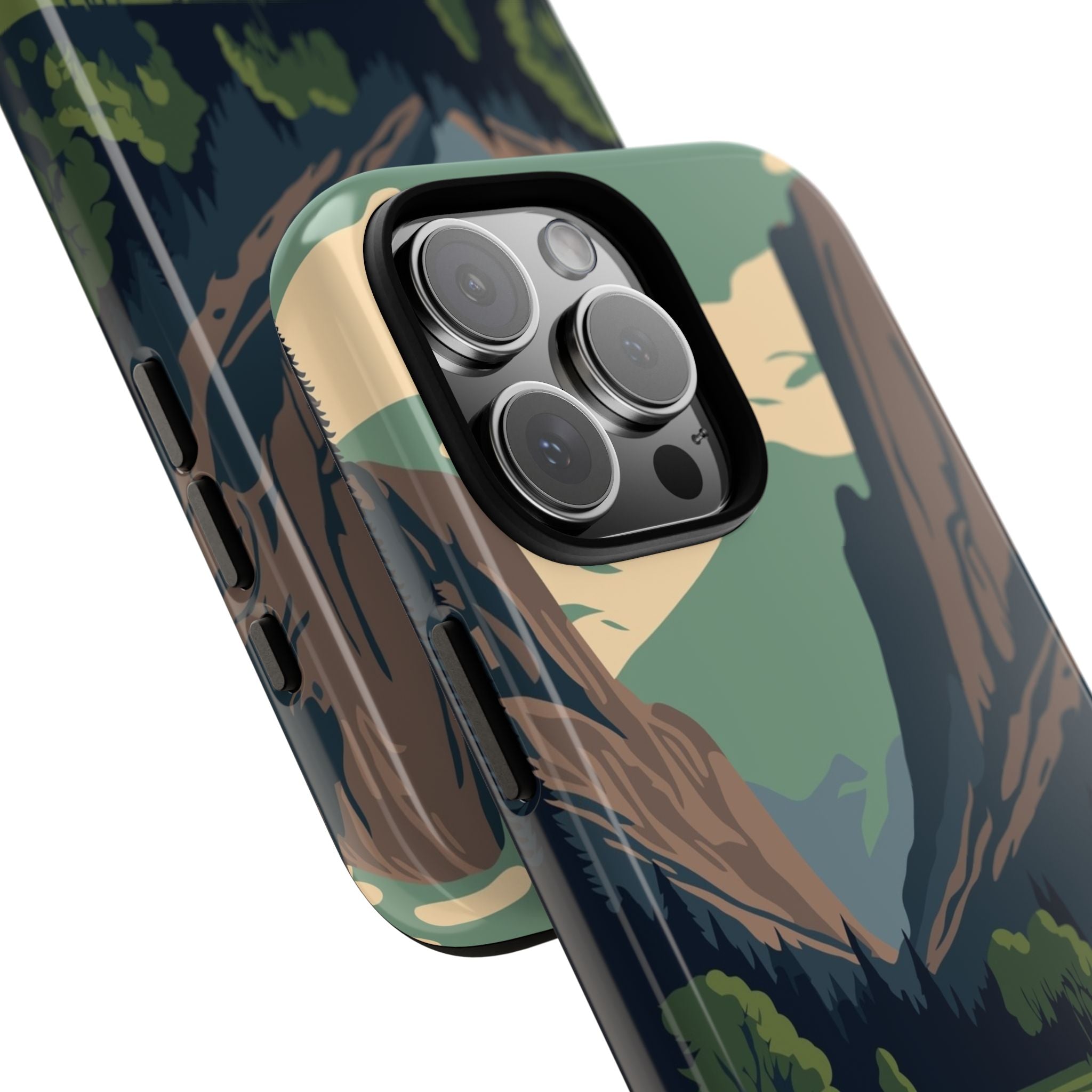 Camouflage phone case with a nature-themed design on a white background close up