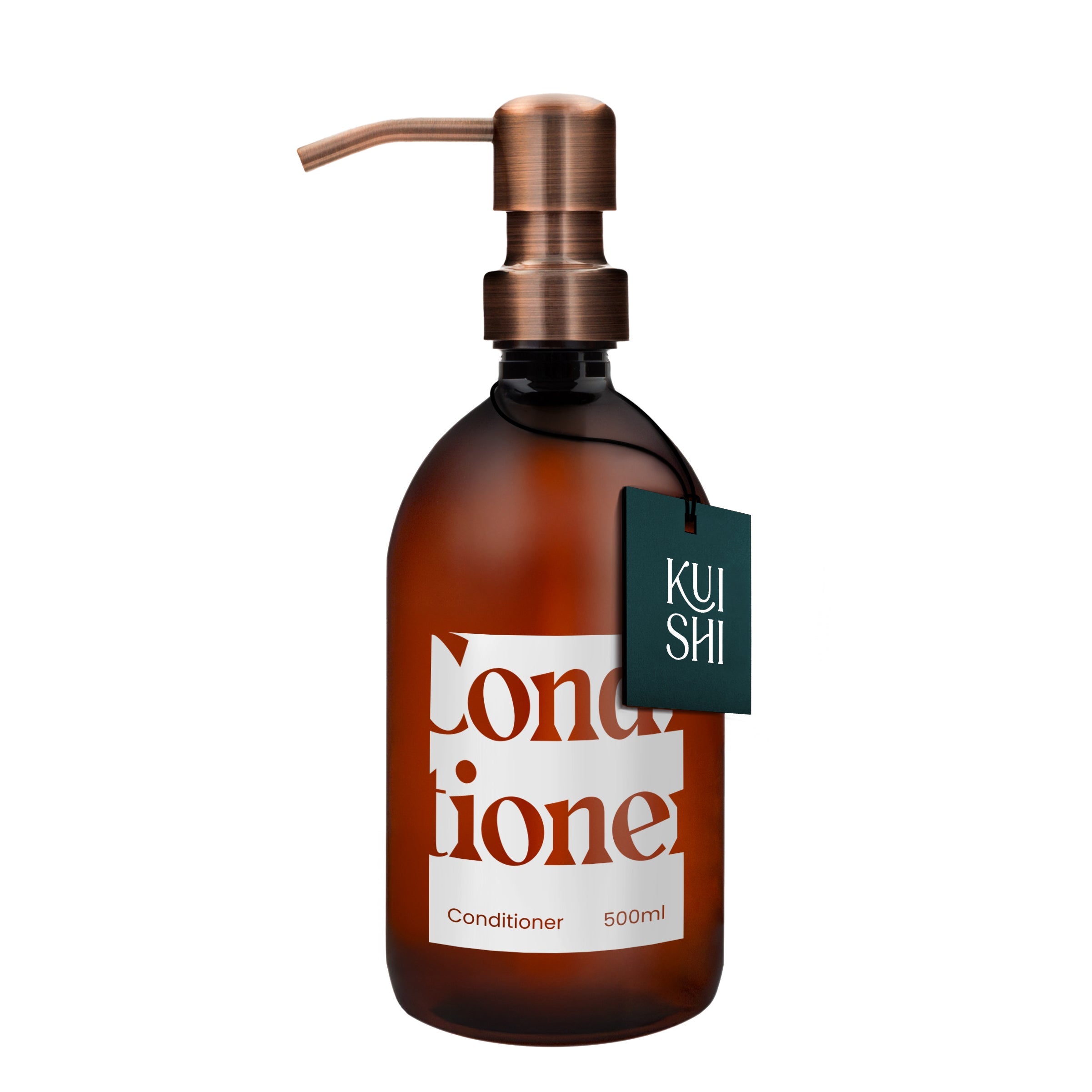 Brown conditioner bottle with pump and 'Kushi' label on a white background