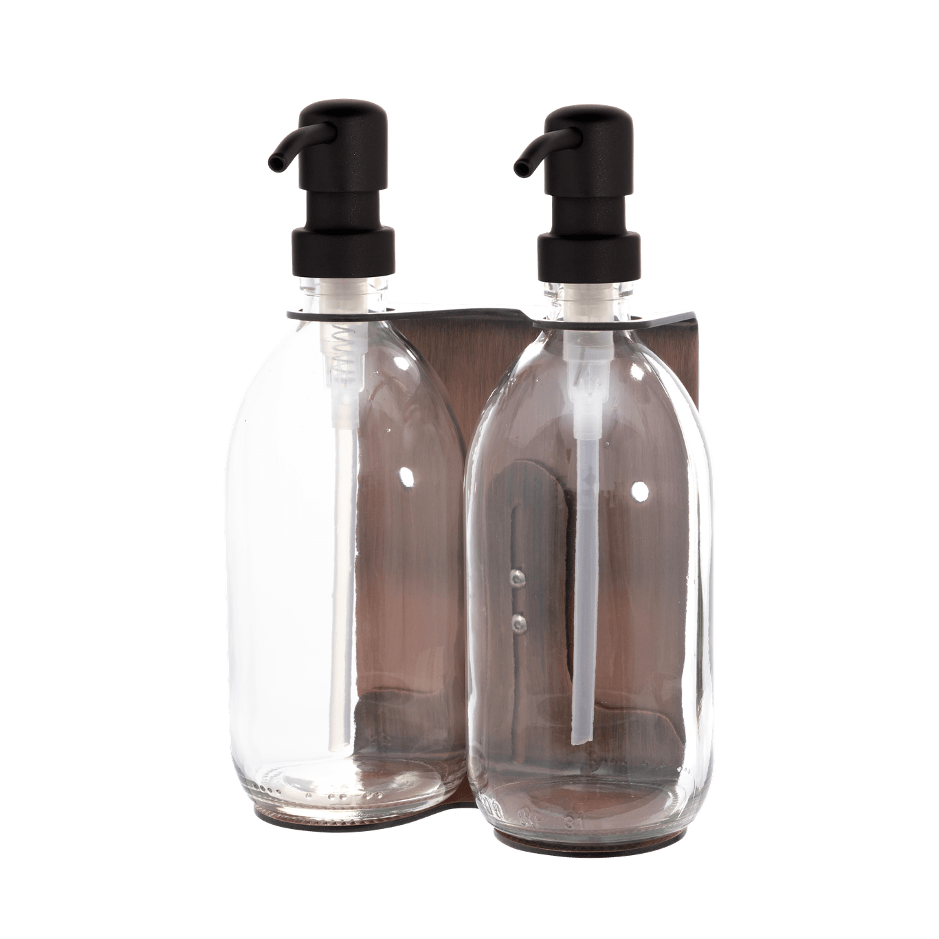 Two clear glass bottles with black pumps in a metal holder on a transparent background