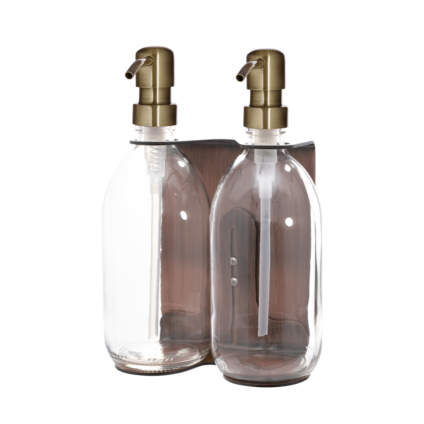 Two clear glass bottles with gold pumps on a transparent background