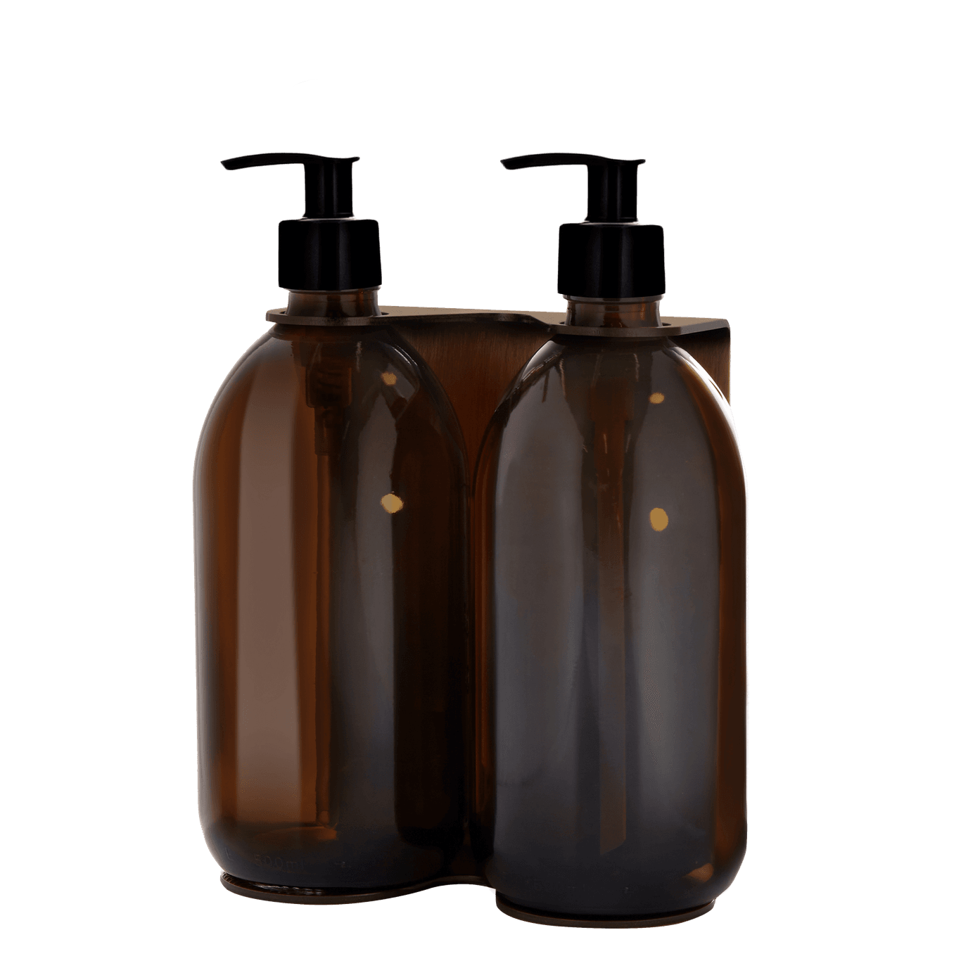 Two brown plastic bottles with black pump dispensers on a transparent background