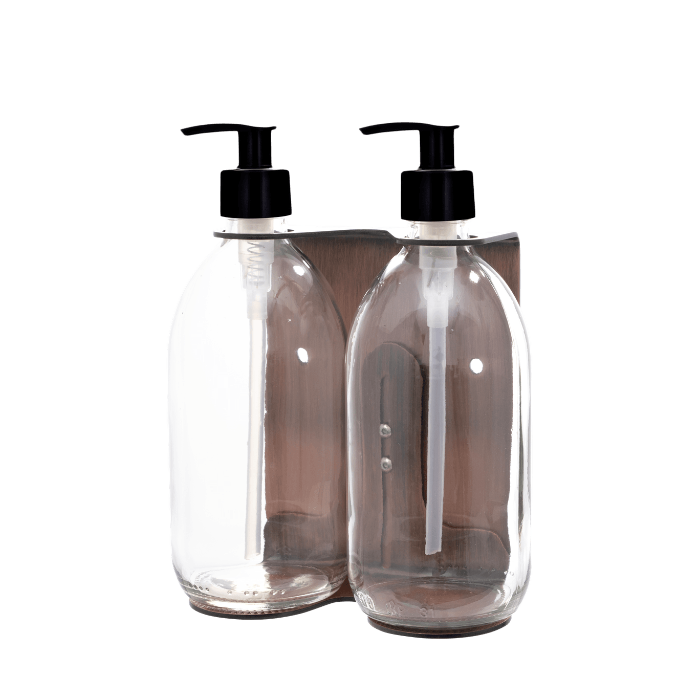 Clear soap dispenser bottles with black pumps on a transparent background