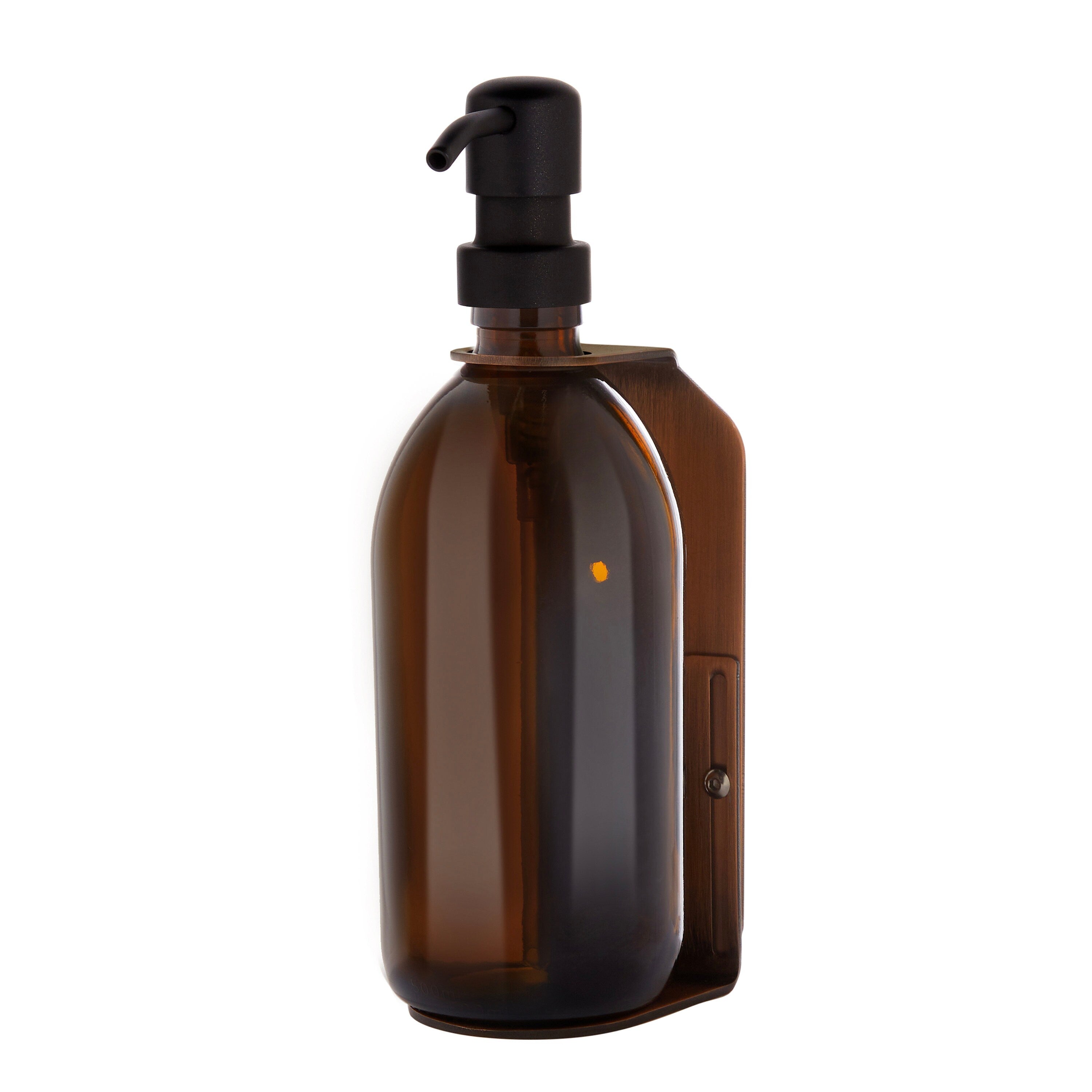 Brown glass bottle with black pump on a white background