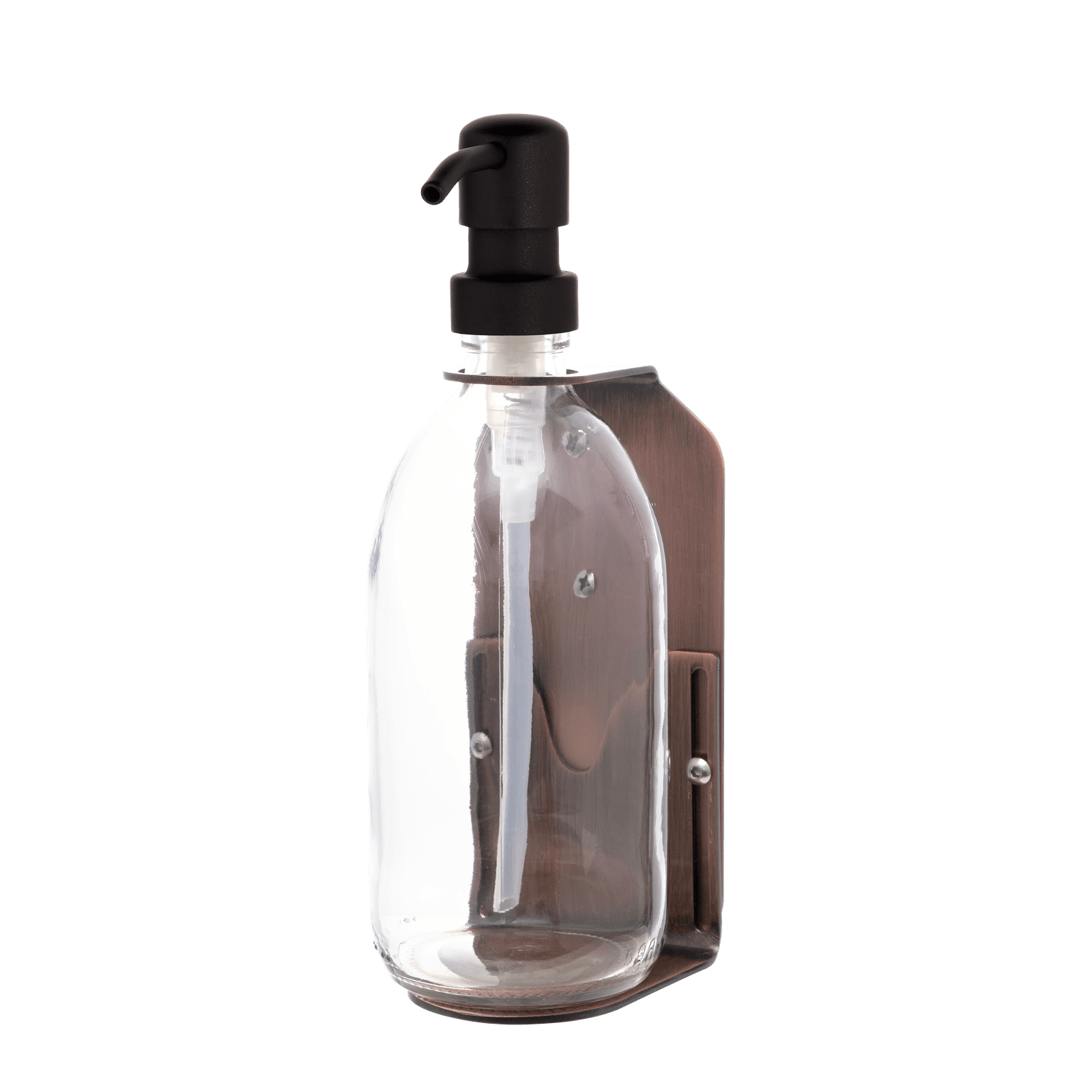 Clear glass bottle with black pump on a transparent background