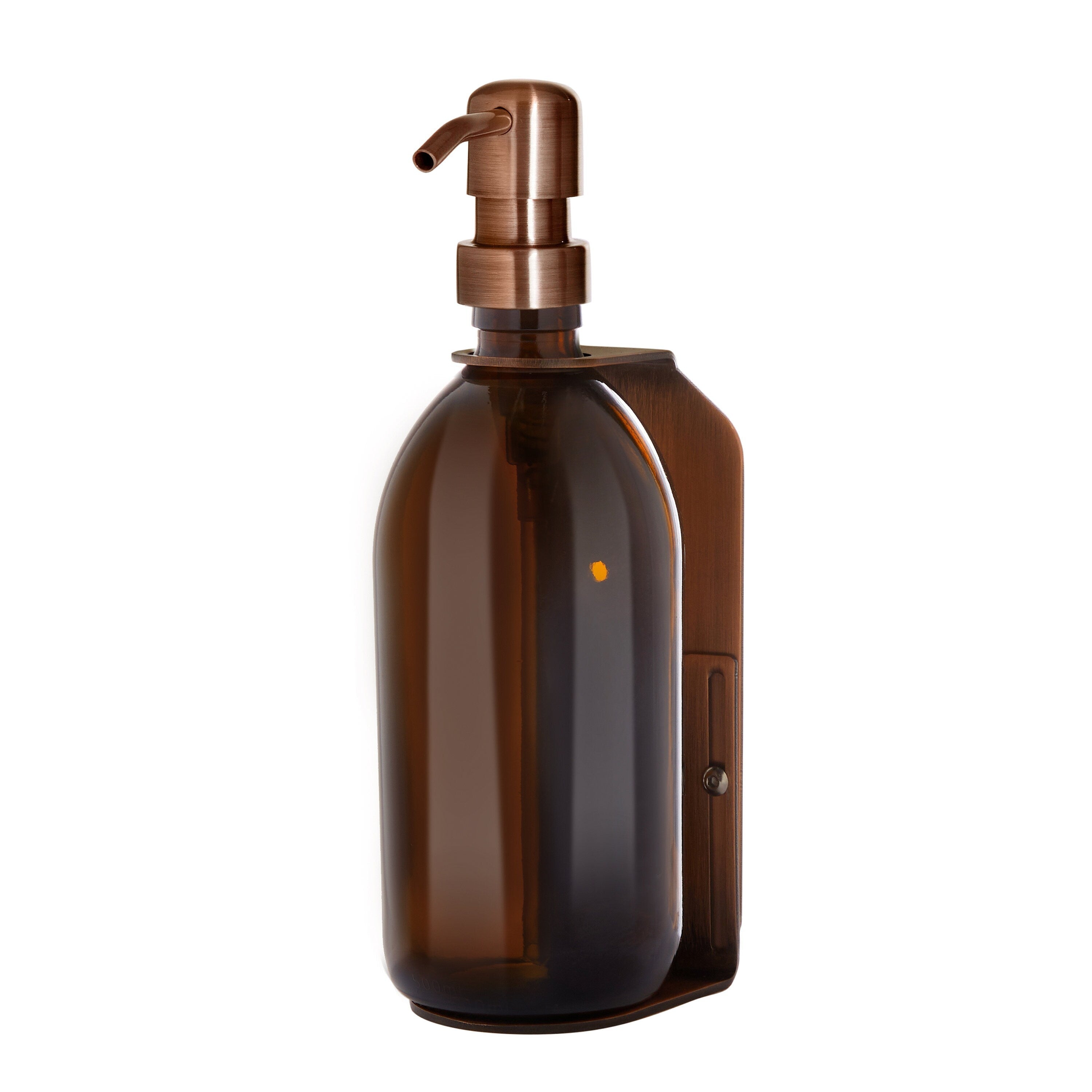 Brown glass bottle with copper pump on a white background