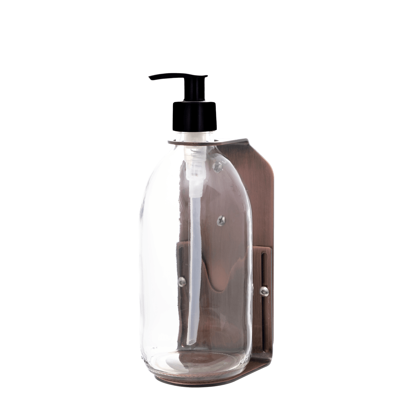Clear soap dispenser with black pump on a dark green background