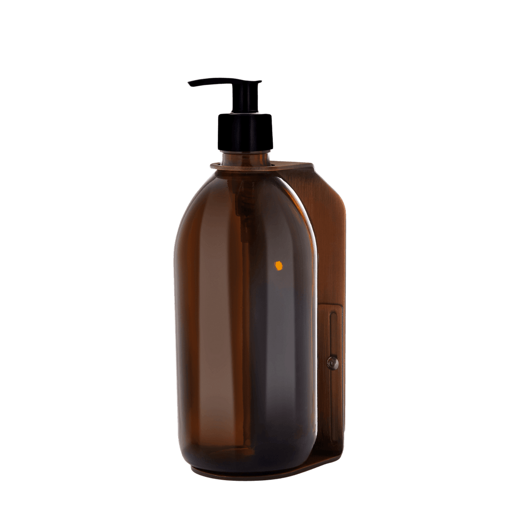 Brown soap dispenser with pump on a transparent background