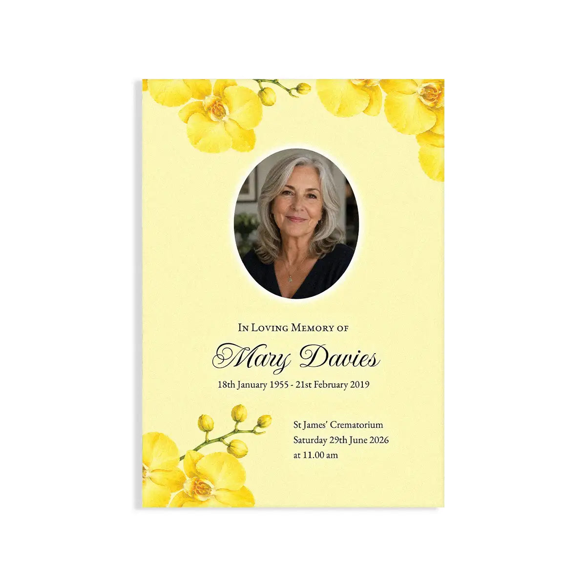 Memorial card with yellow flowers and a photo of a woman on a light yellow background