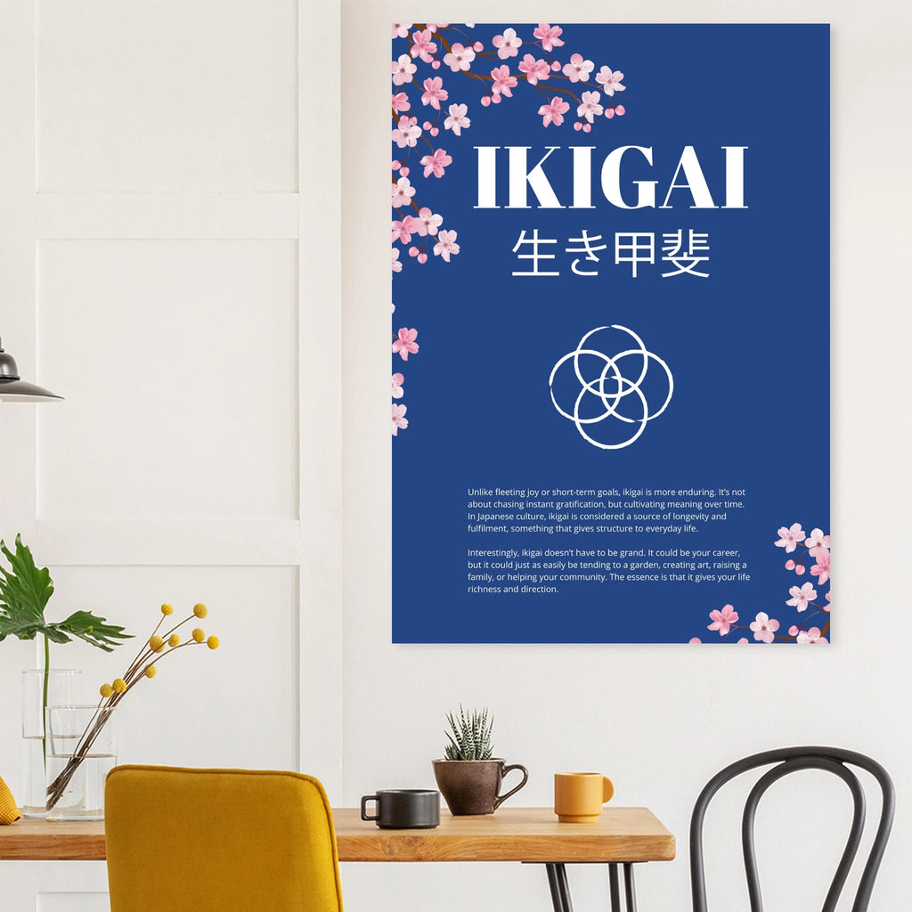 Wall poster titled “IKIGAI” with Japanese characters beneath, featuring cherry blossom illustrations on a deep blue background, displayed in a minimalist interior above a wooden table with plants and mugs.