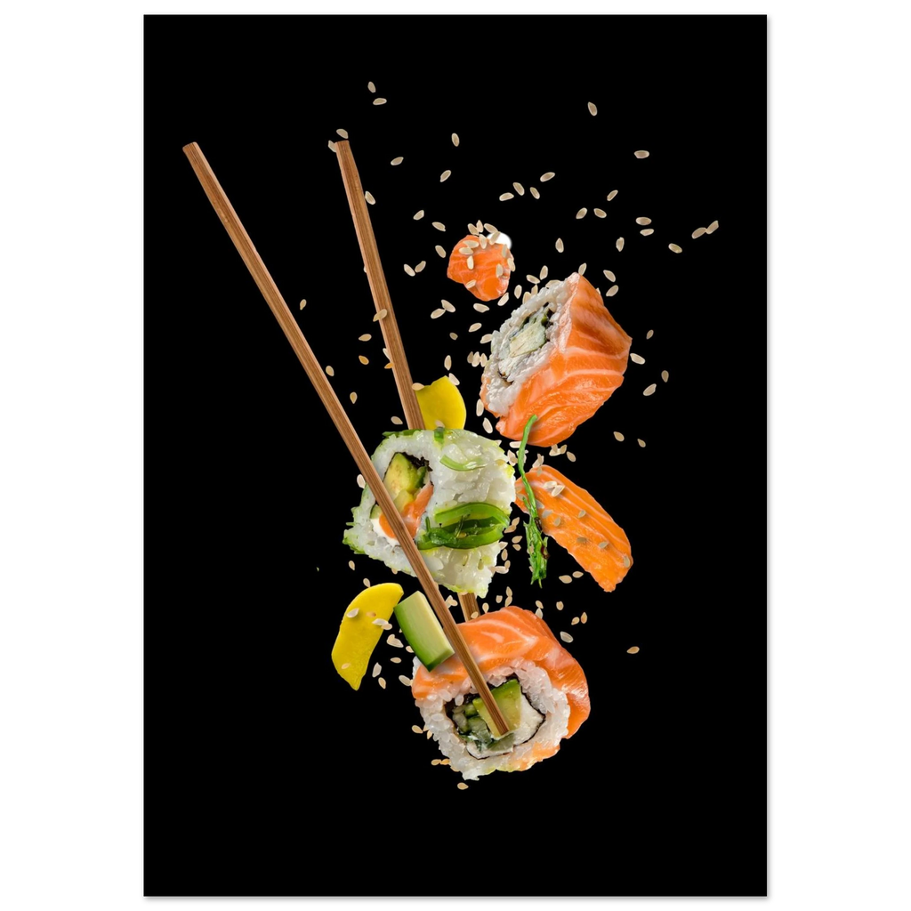 Sushi pieces suspended mid-air with chopsticks, scattered sesame seeds and ingredients against a solid black background.