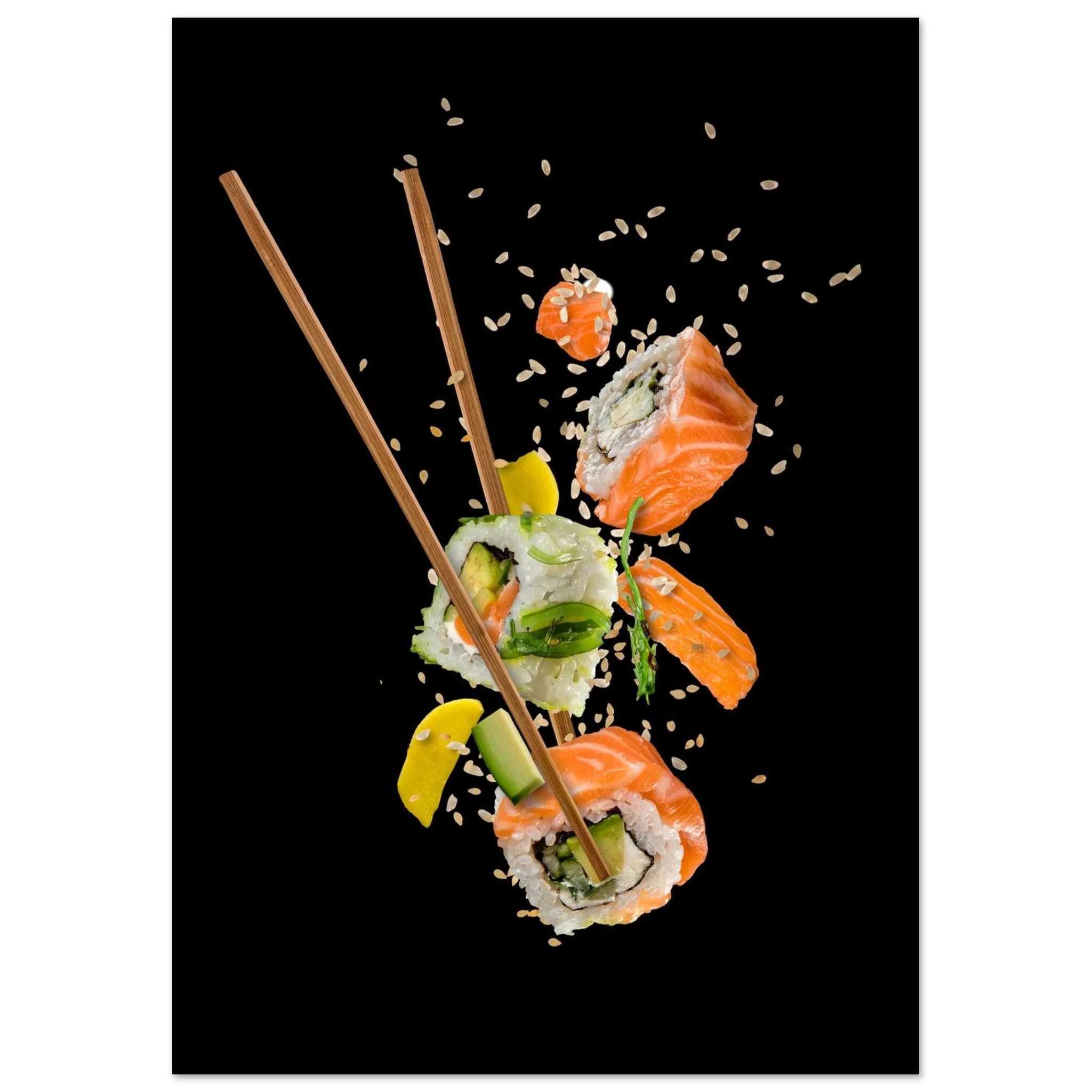 Sushi pieces suspended mid-air with chopsticks, scattered sesame seeds and ingredients against a solid black background.