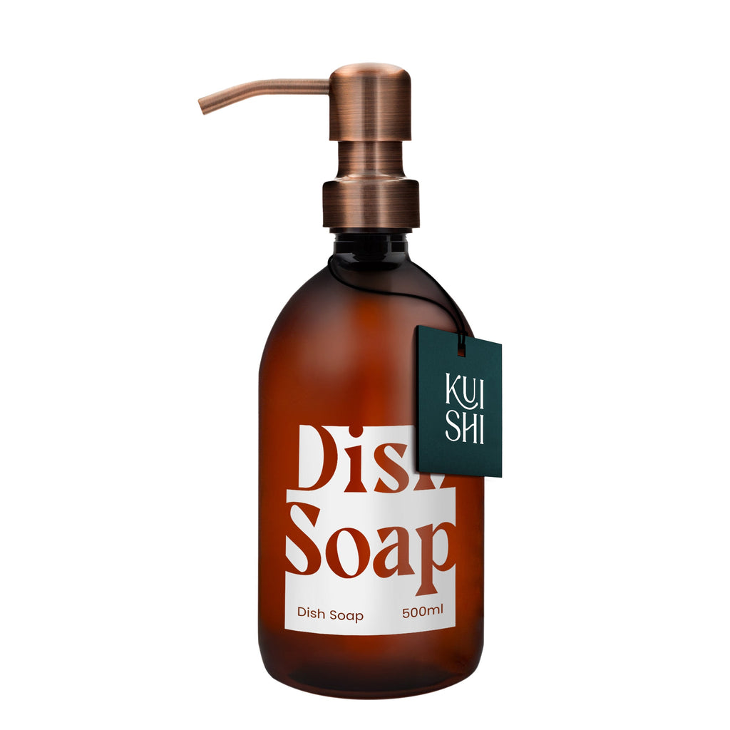 Brown dish soap bottle with pump and 'Kushi' label on a white background