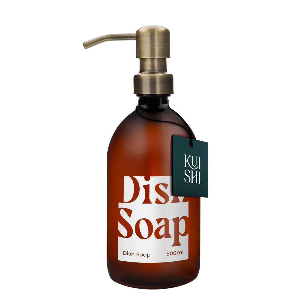 Brown dish soap bottle with pump and 'Kushi' label on a white background