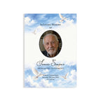 Funeral order of service with a photo of an elderly man, text, and doves against a blue sky background.