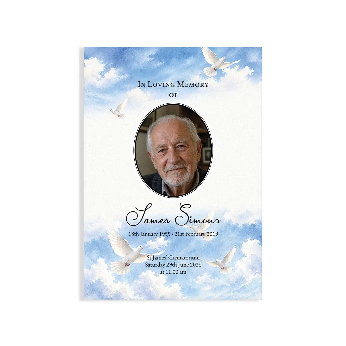 Funeral order of service with a photo of an elderly man, text, and doves against a blue sky background.