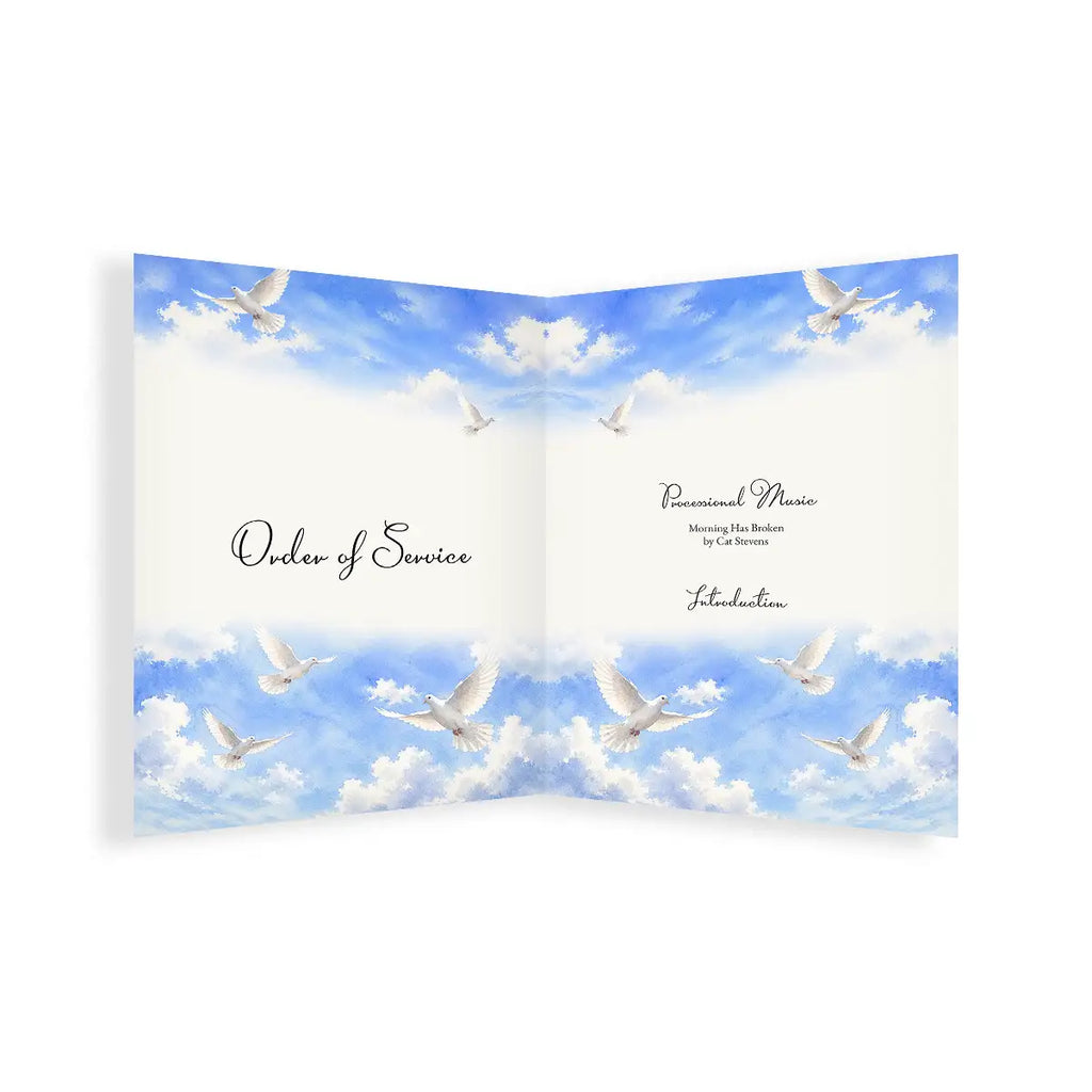 Order of Service with swallows flying in a blue sky design