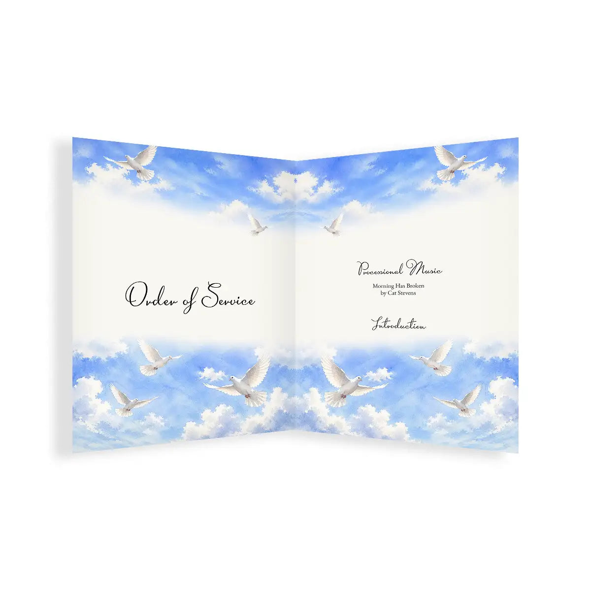 Order of Service with swallows flying in a blue sky design