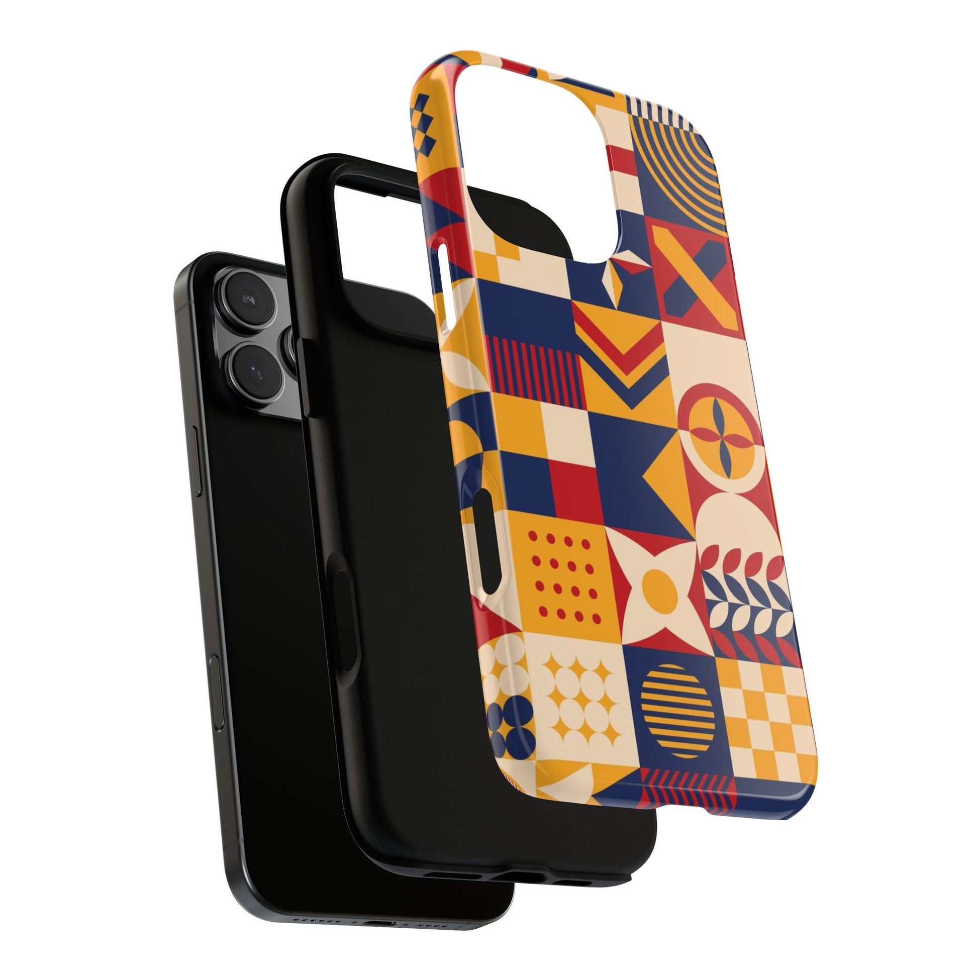 Colorful geometric patterned phone case on a white background