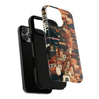 Phone case with vintage cityscape design on a white background