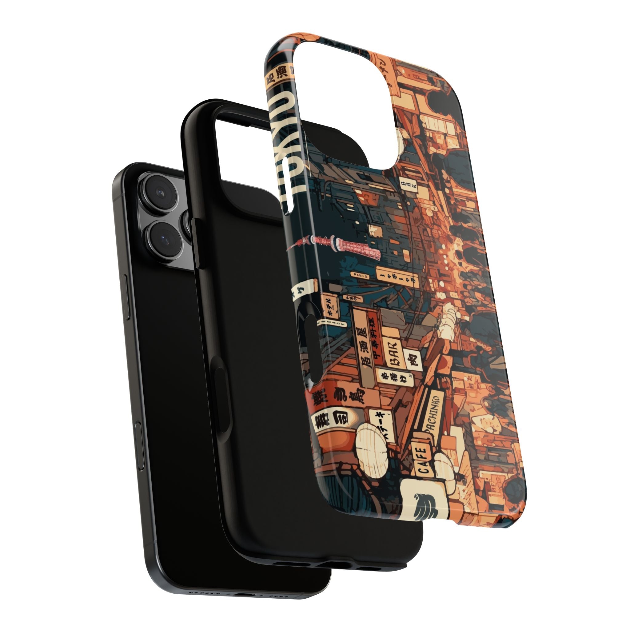 Phone case with vintage cityscape design on a white background