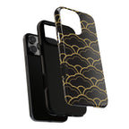 Black phone case with gold wave pattern on a white background with extra layer