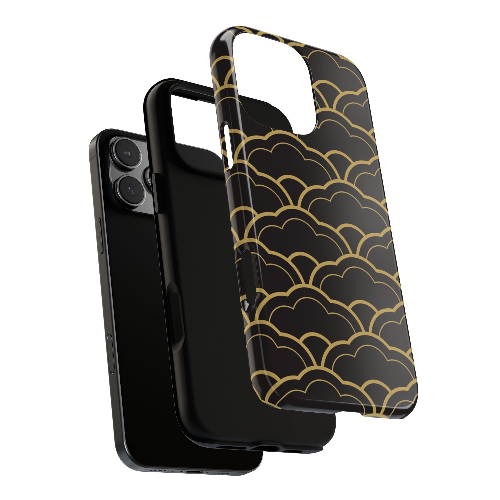 Black phone case with gold wave pattern on a white background with extra layer