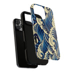 Phone case with blue and beige wave pattern on a white background and showing the dual layers