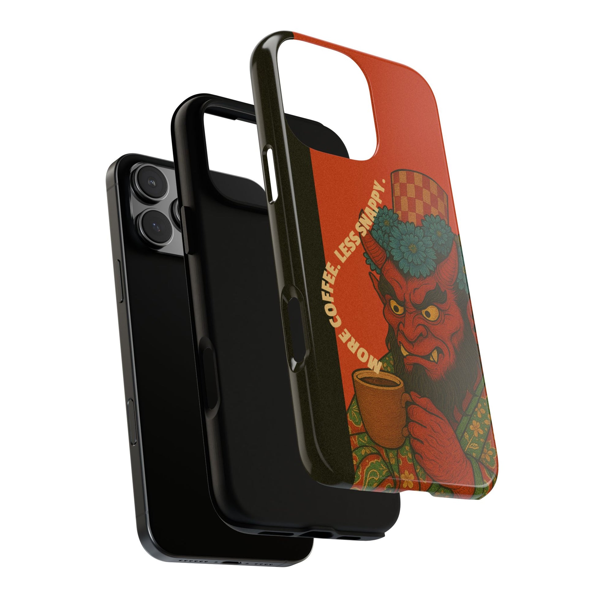 Phone case with devil design and text on a white background