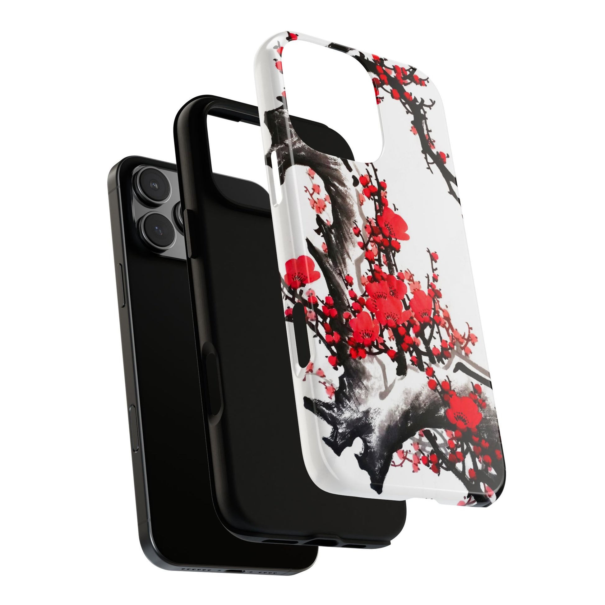Phone case with cherry blossom design on a white background dual layers