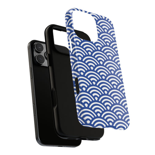 Phone case with blue wave pattern on a white background dual layers