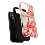 Phone case with red and white design on a black phone with dual protective layers