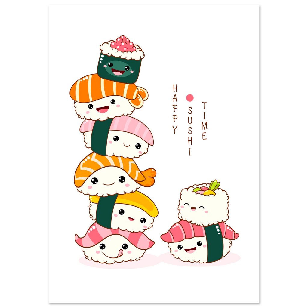 Cute illustrated sushi characters stacked into a playful tower, with smiling faces and the text “Happy Sushi Time” on a white background.