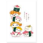 Cute illustrated sushi characters stacked into a playful tower, with smiling faces and the text “Happy Sushi Time” on a white background.