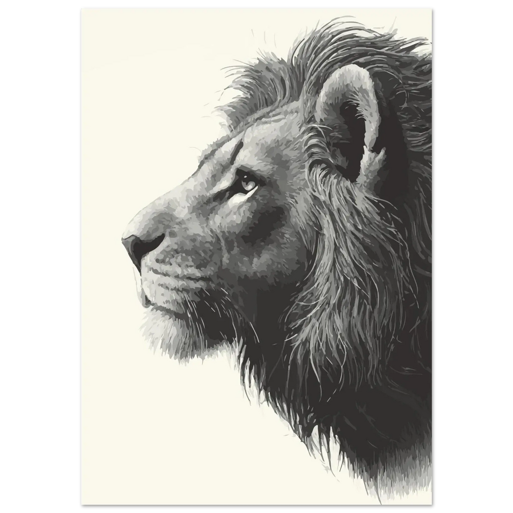 Black and white drawing of a lion's head on a light background