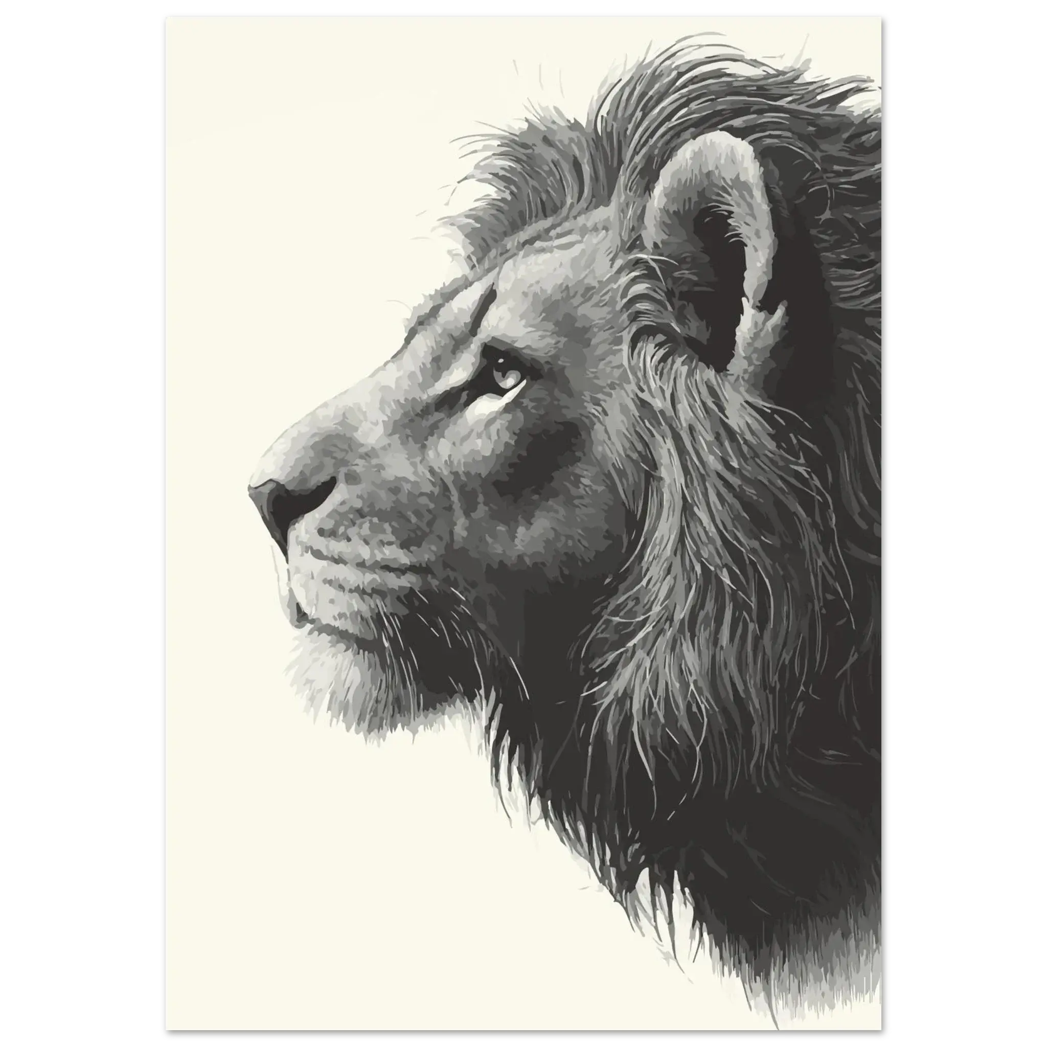 Black and white drawing of a lion's head on a light background