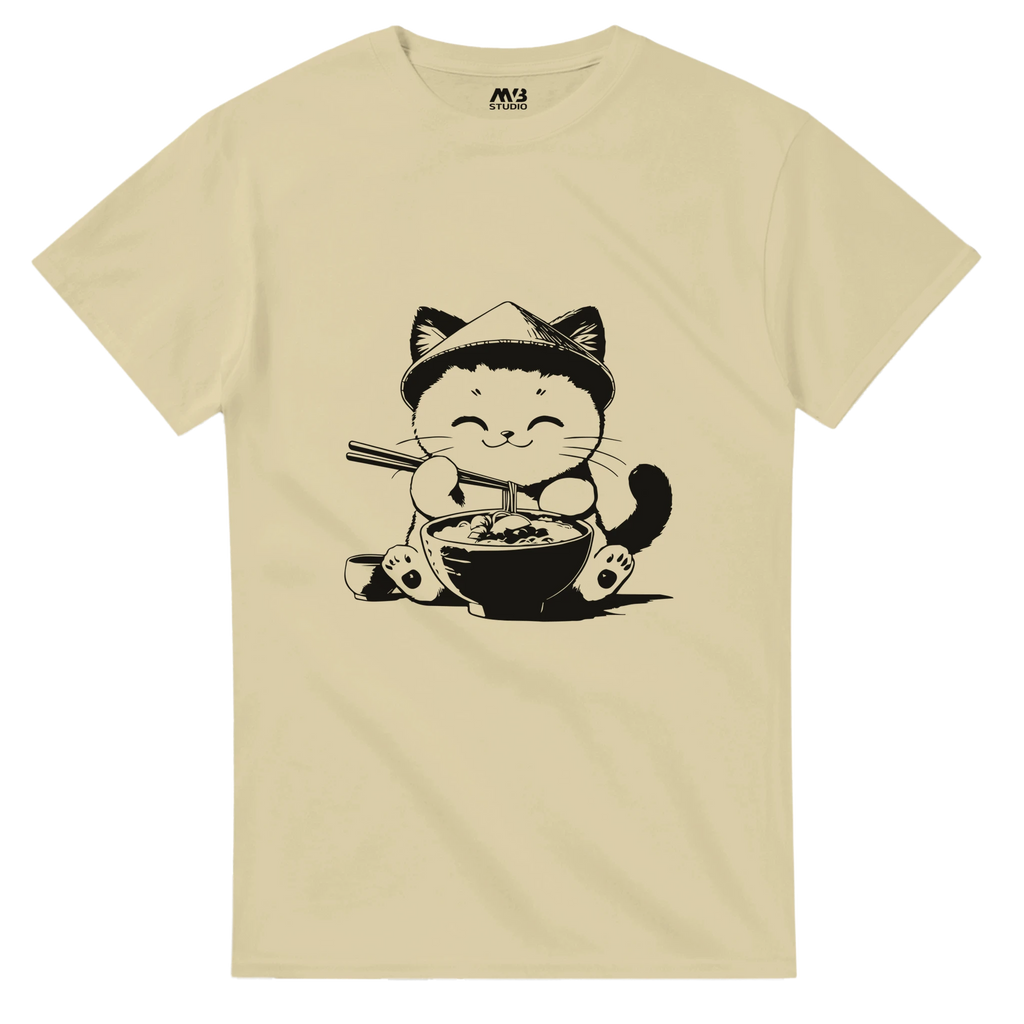 Natural colour Cute Cat Eating Noodles T-shirt | MVB STUDIO STORE