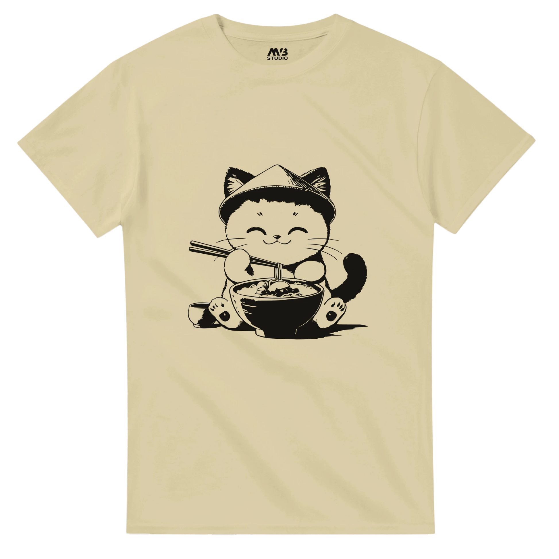 Natural colour Cute Cat Eating Noodles T-shirt | MVB STUDIO STORE
